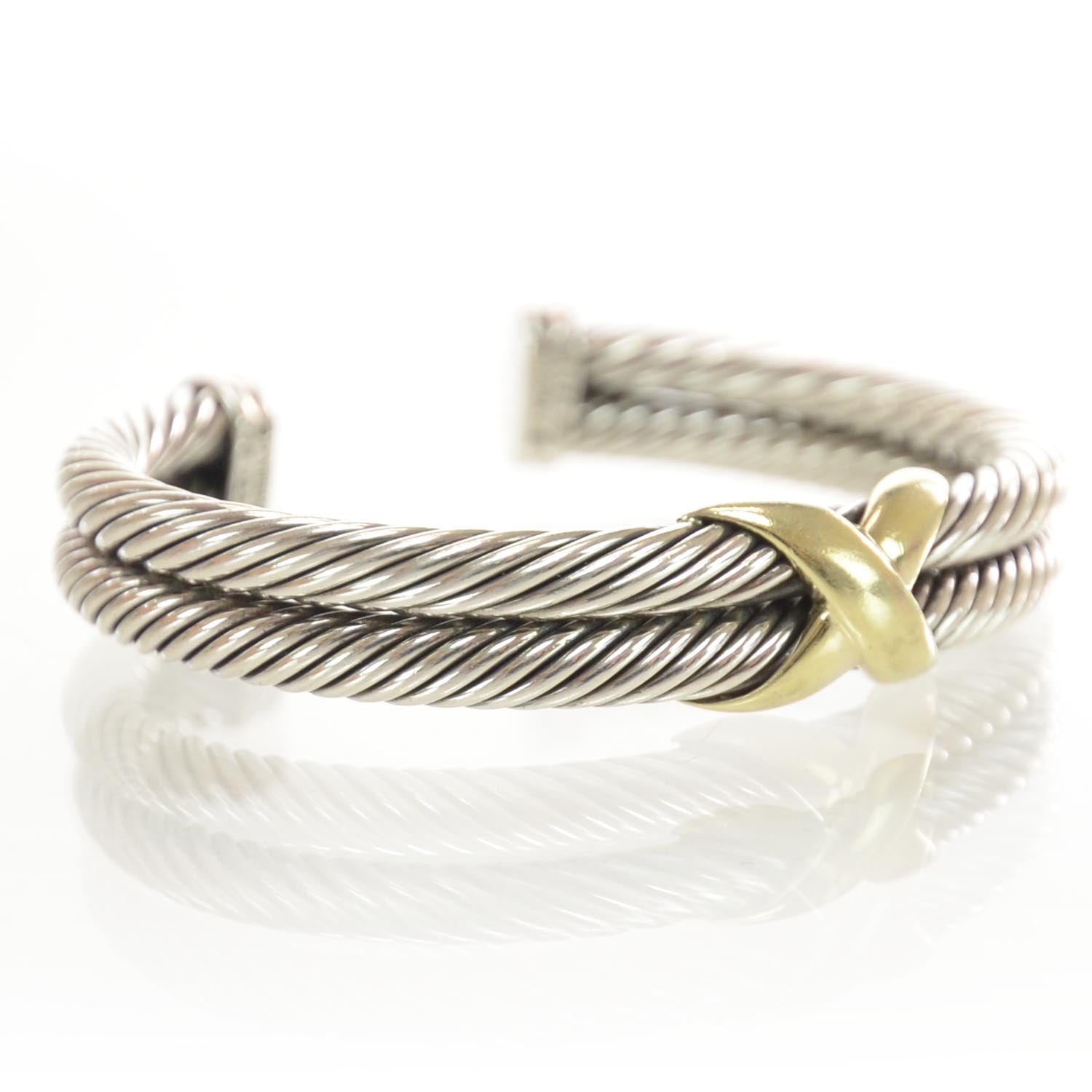 David Yurman Sterling Silver 14K Yellow Gold 10mm X Double Cable Bracelet 3 of 7