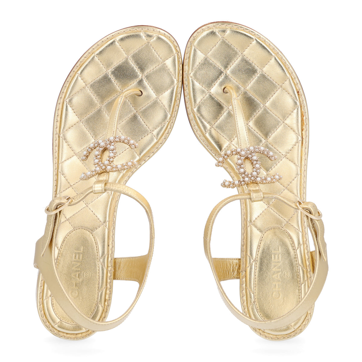 Chanel Laminated Lambskin Quilted CC Pearl Thong Sandals 39 Gold 2 of 11