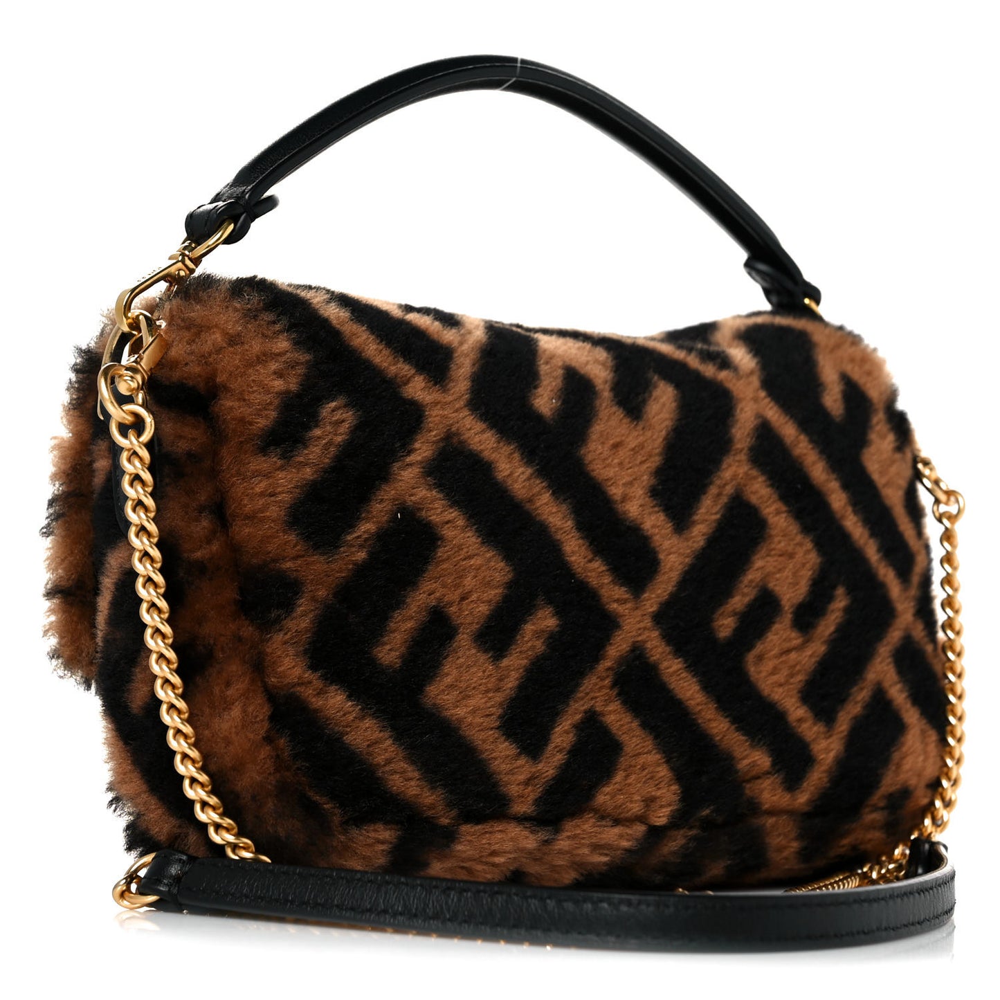 Shearling Vitello Dolce Macro FF 1974 Mini Baguette Tobacco Black