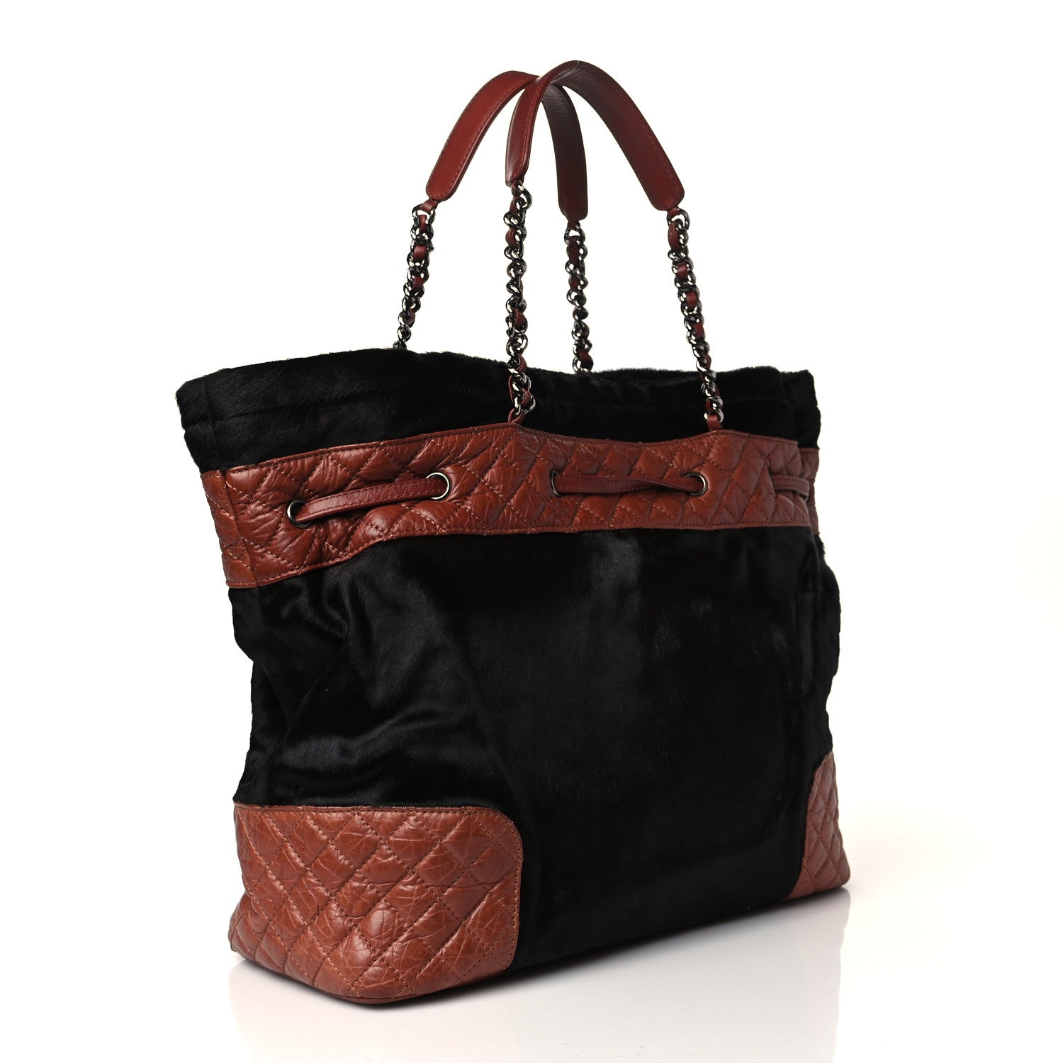 Chanel Aged Calfskin Pony Hair Quilted Miss Pony Drawstring Tote Brown 3 of 12