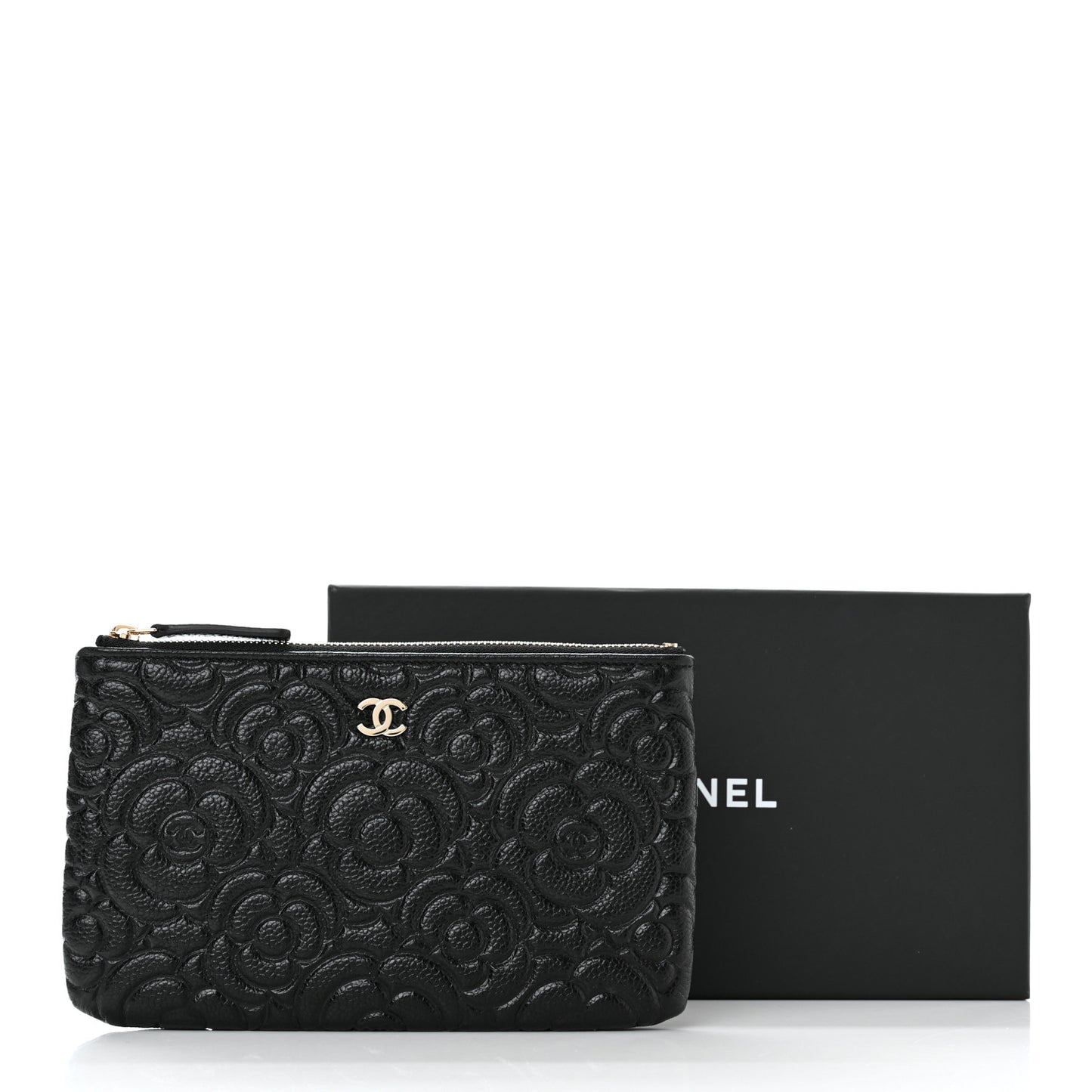 Caviar Camellia Embossed Small Pouch Black