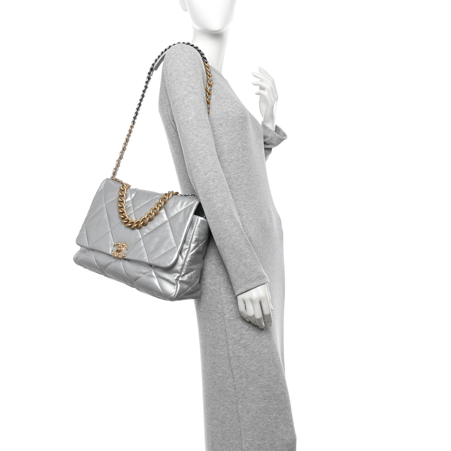 Chanel Metallic Goatskin Quilted Maxi Chanel 19 Flap Silver 2 of 11