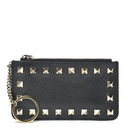 Valentino Garavani Vitello Rockstud Key Coin Case Card Holder Black 1 of 8