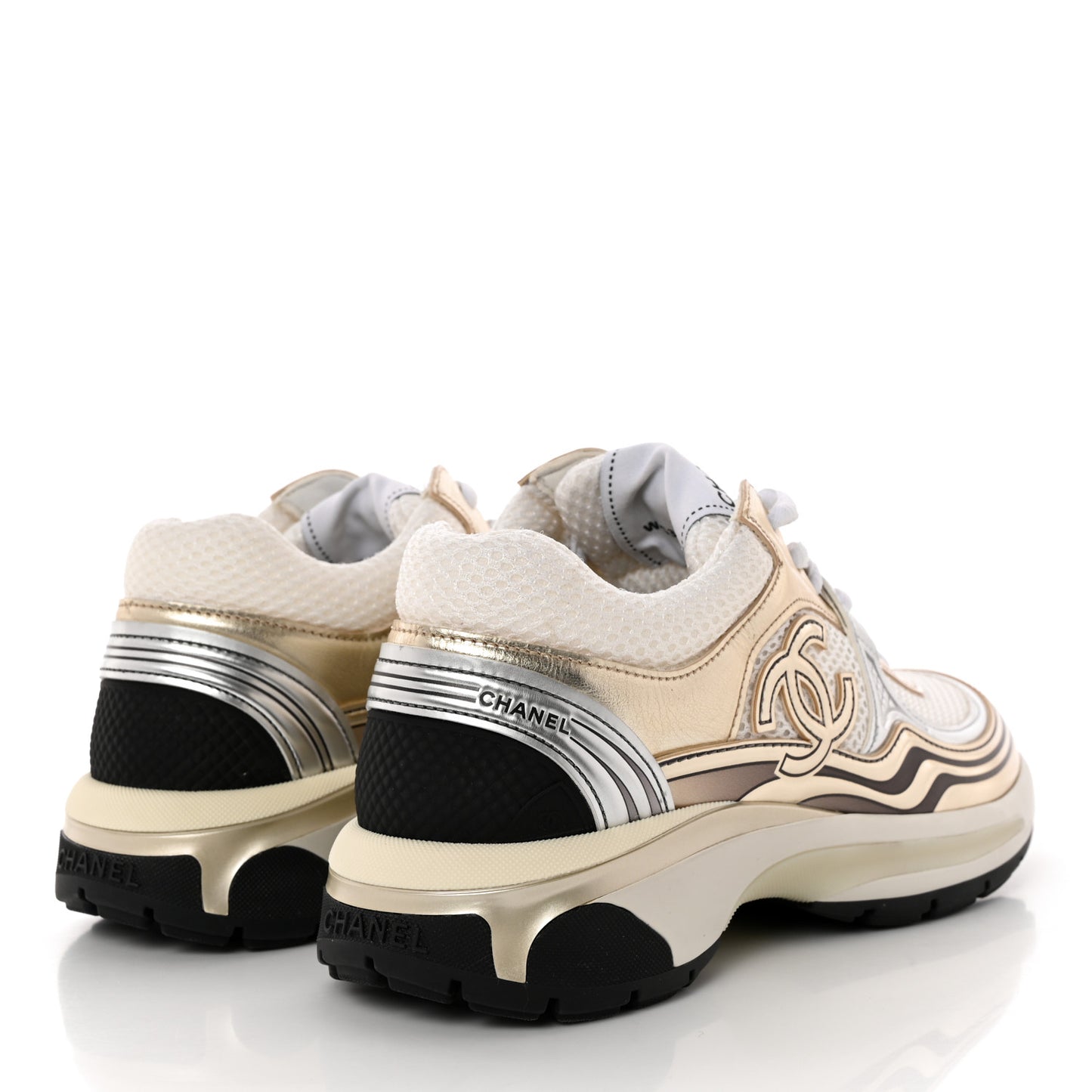 Fabric Laminated Calfskin Stretch CC Sneakers 36 White Gold Silver