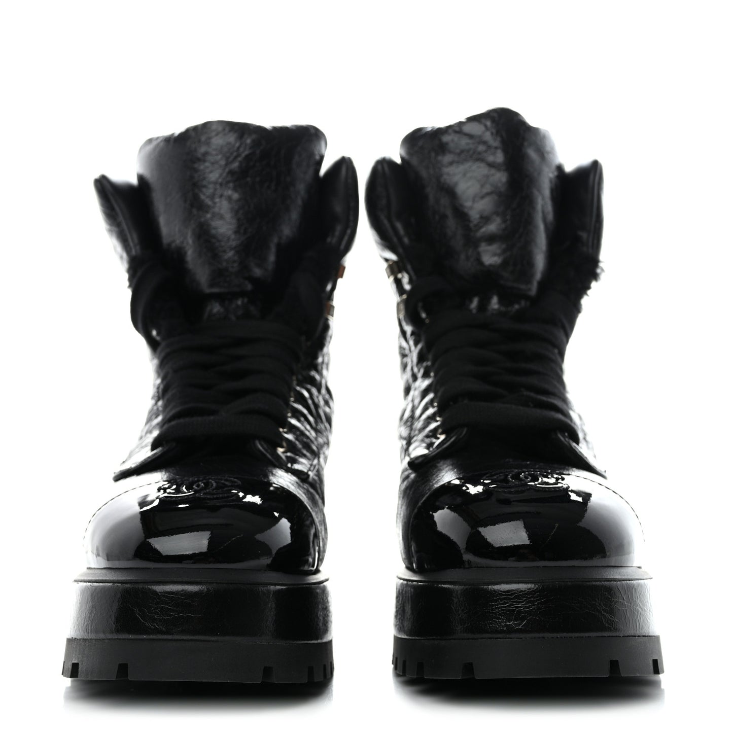 Crumpled Patent Lambskin Calfskin Quilted Lace Up Combat Boots 39 Black