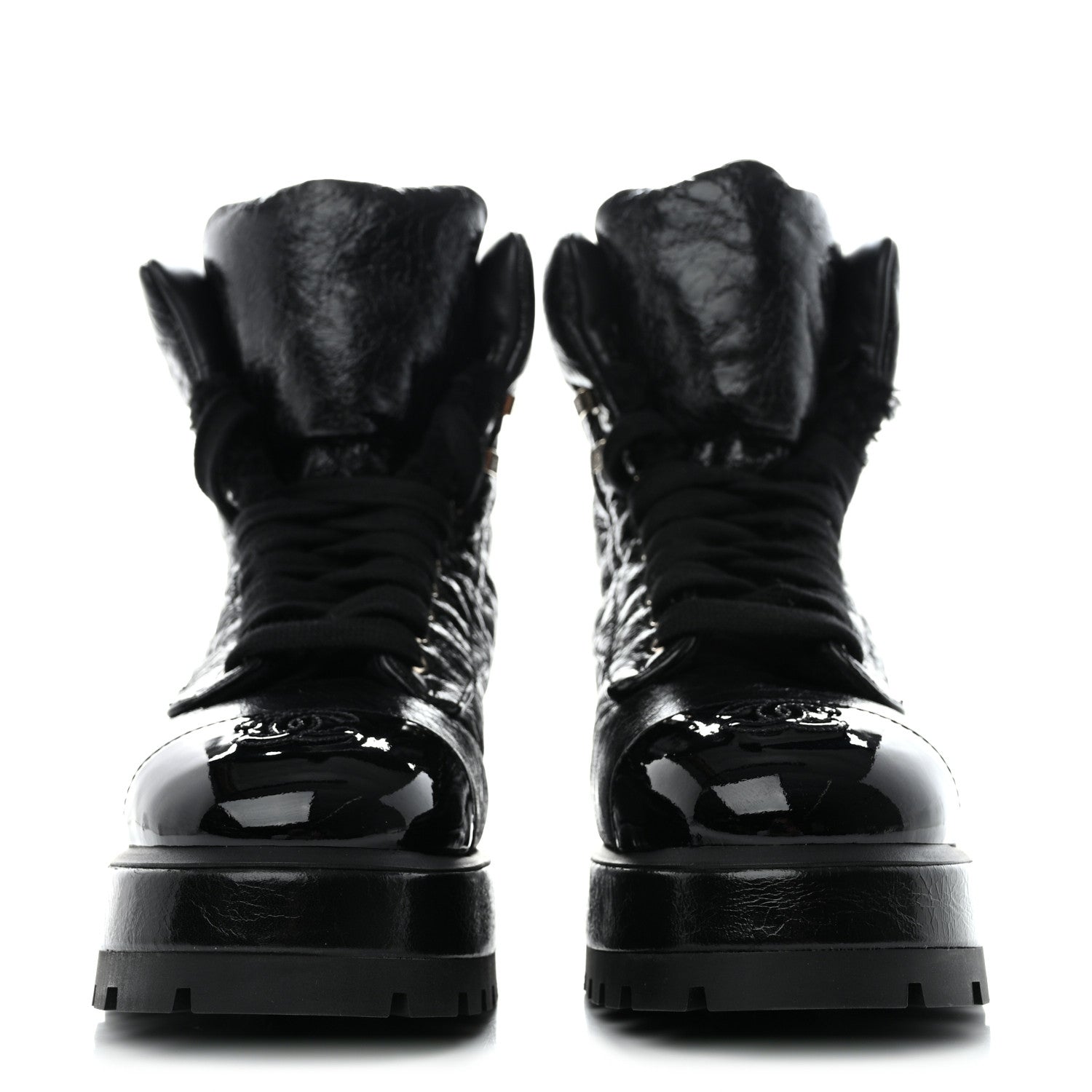 Chanel Crumpled Patent Lambskin Calfskin Quilted Lace Up Combat Boots 39 Black 2 of 8