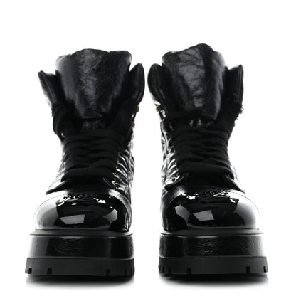 Chanel Crumpled Patent Lambskin Calfskin Quilted Lace Up Combat Boots 39 Black 2 of 8