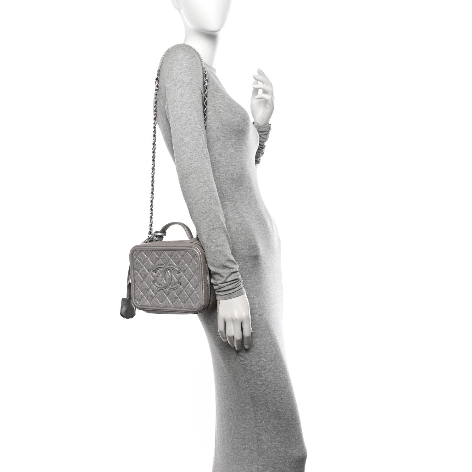 Chanel Metallic Caviar Quilted Medium CC Filigree Vanity Case Silver 2 of 11