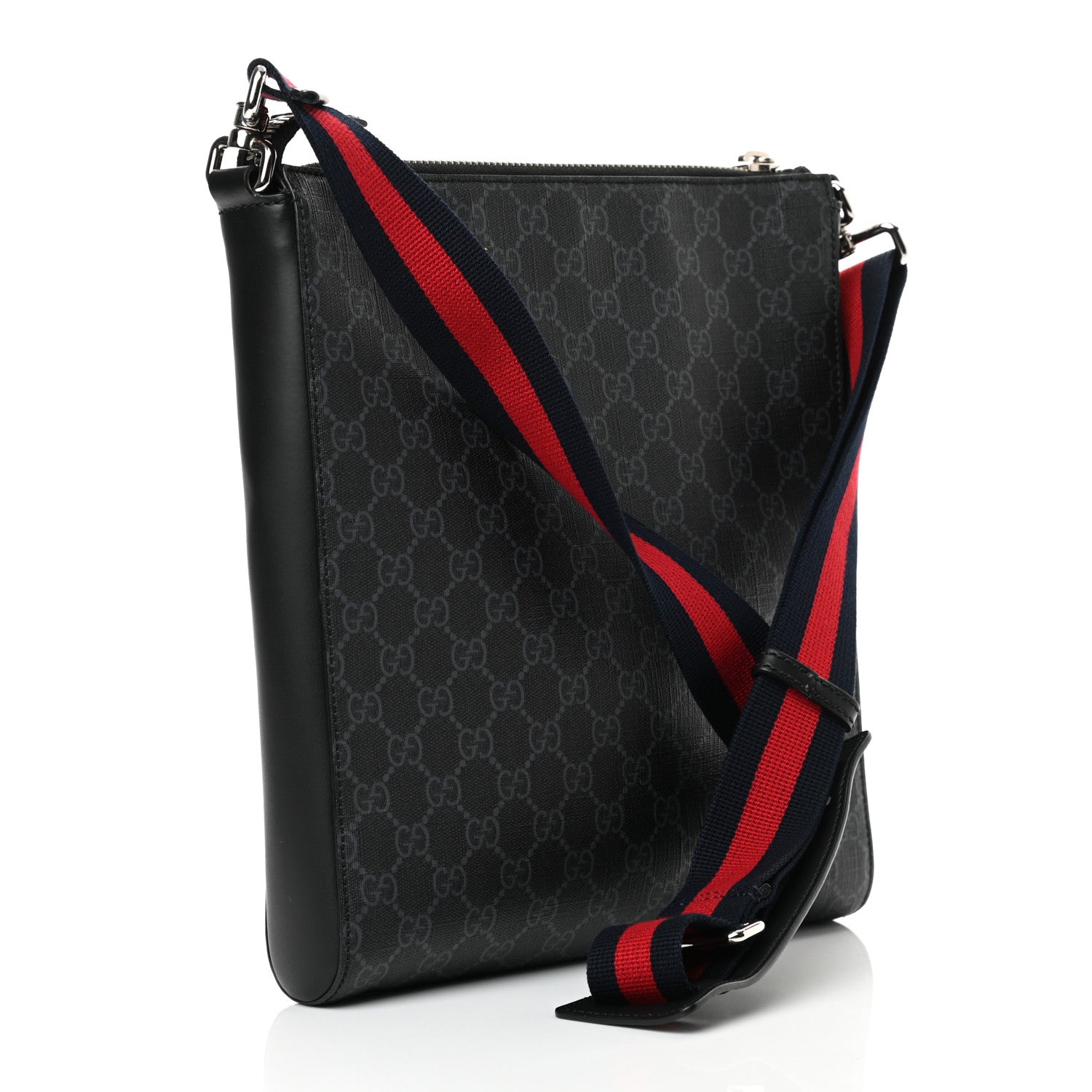 Gucci GG Supreme Monogram Appia Calfskin Web Flat Messenger Bag Black Grey 2 of 10