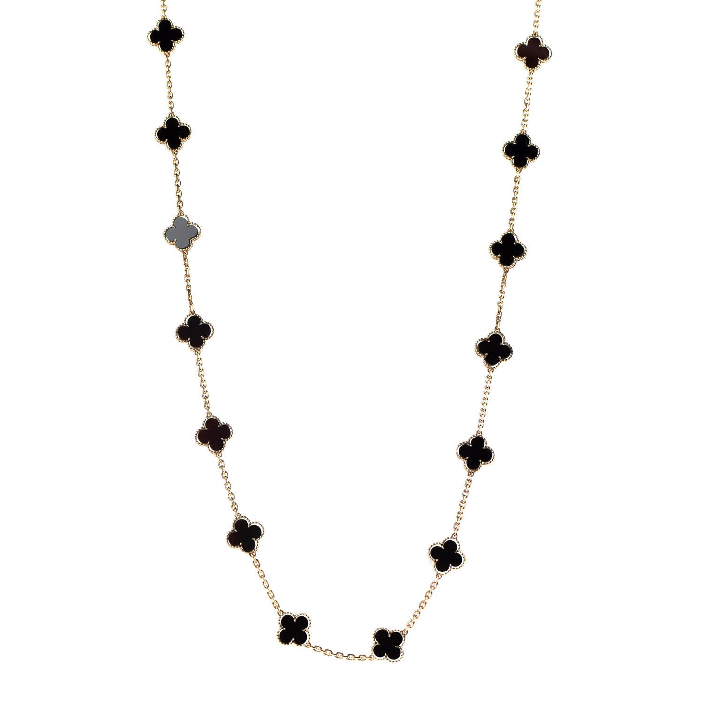18K Yellow Gold Black Onyx 20 Motifs Vintage Alhambra Necklace