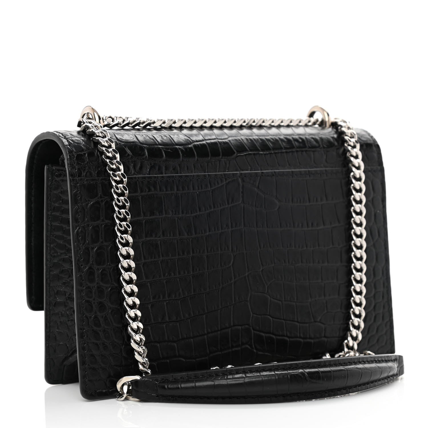 Saint Laurent Calfskin Crocodile Embossed Monogram Sunset Chain Wallet Black 3 of 10