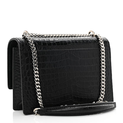 Saint Laurent Calfskin Crocodile Embossed Monogram Sunset Chain Wallet Black 3 of 10