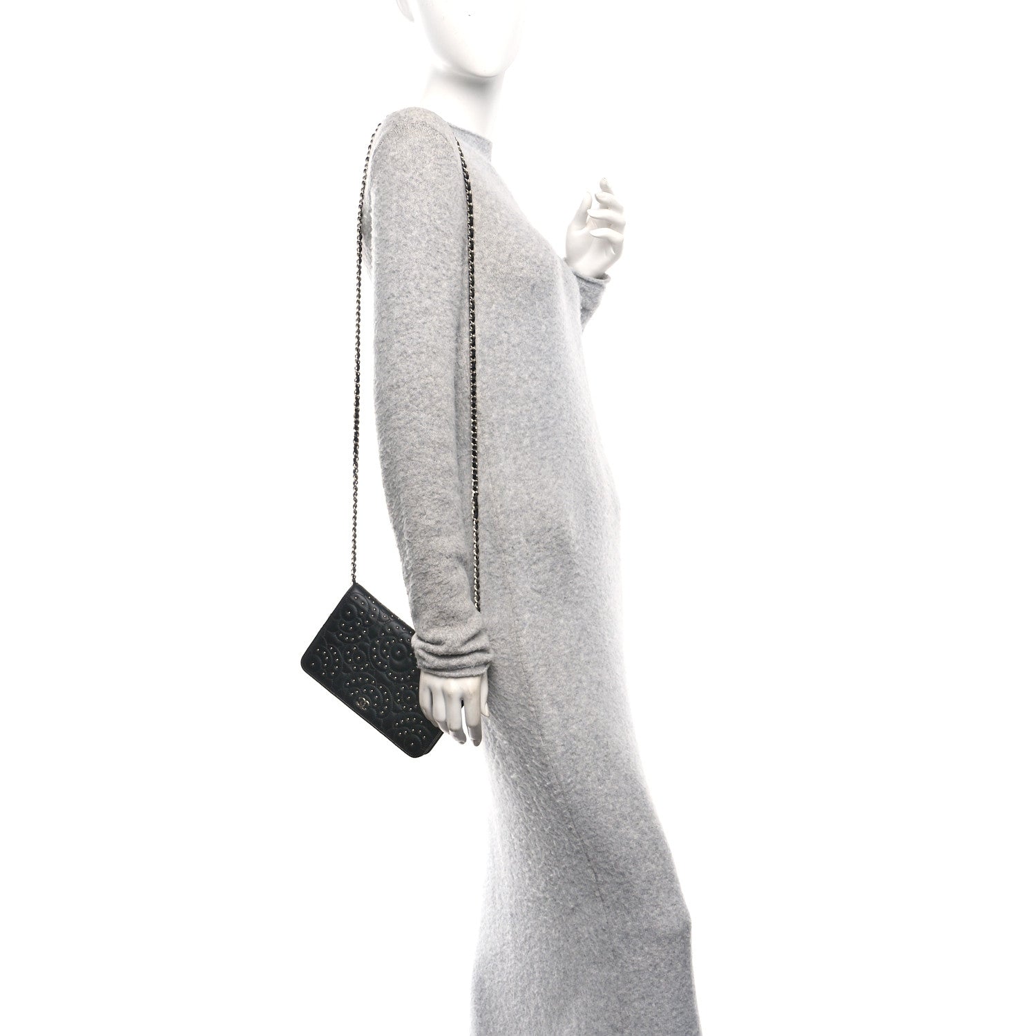 Chanel Lambskin Camellia Studded Wallet on Chain WOC Black 2 of 11