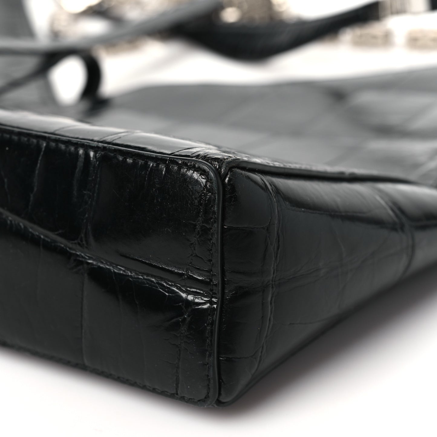 Calfskin Crocodile Embossed Large Cut Out Shoulder Bag Black