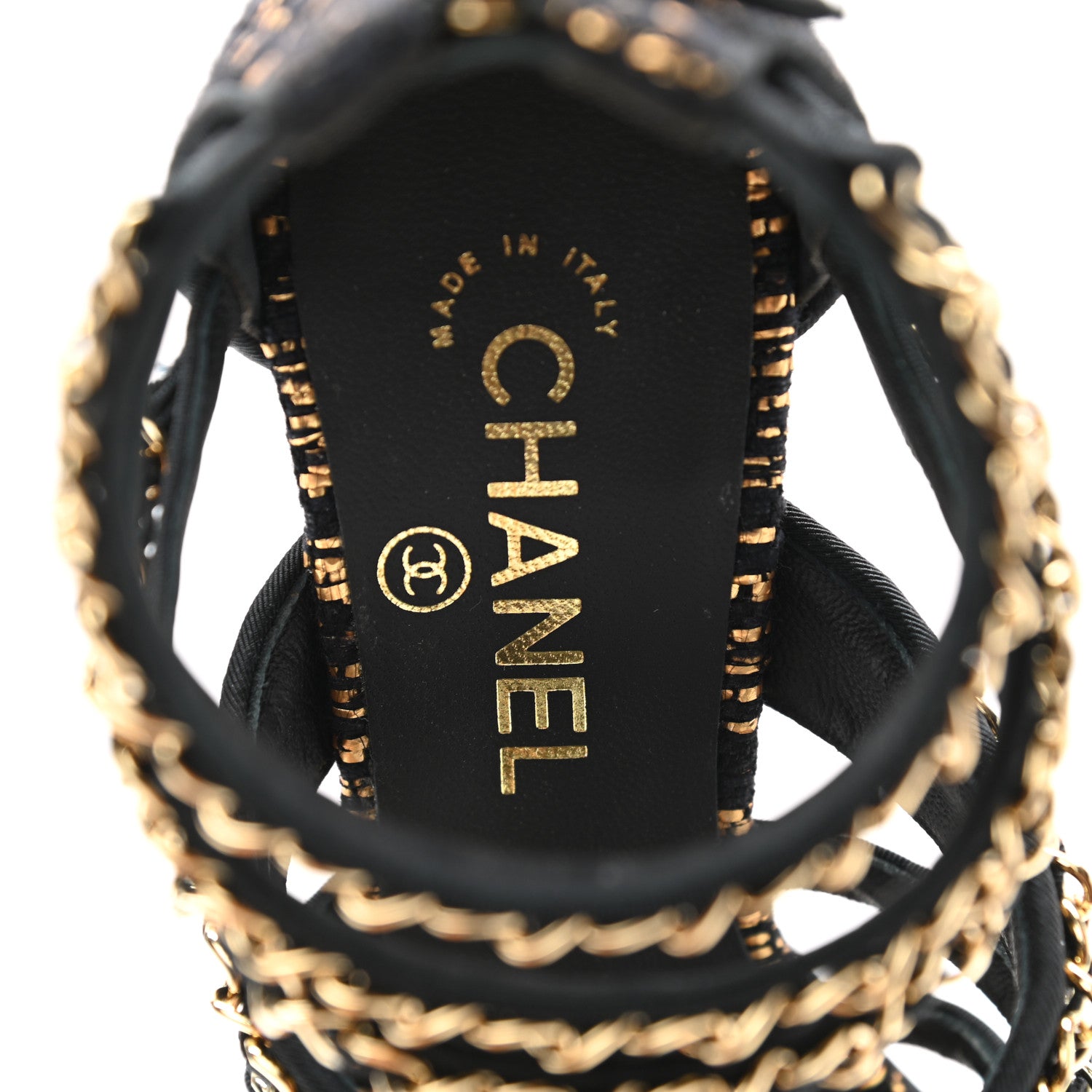 Chanel Metallic Tweed Gladiator Chain Sandals 38.5 Black Gold 7 of 9
