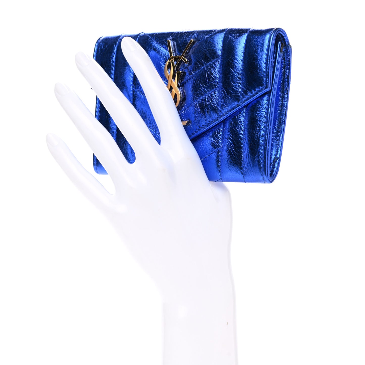 Metallic Goatskin Mixed Matelasse Chevron Small Monogram Envelope Wallet Blue