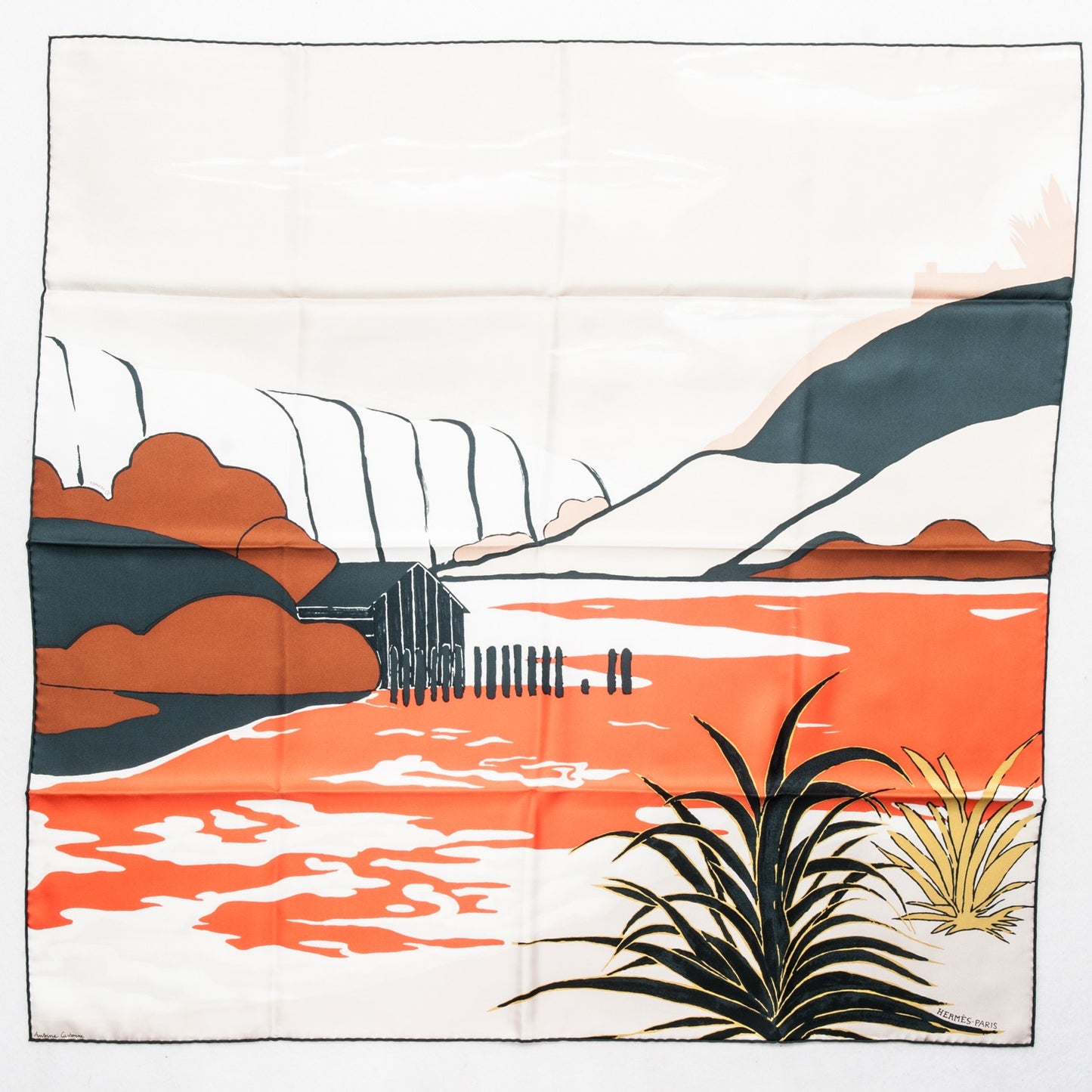 Silk Au Bout Du Monde Scarf 90 Beige Orange Petrole