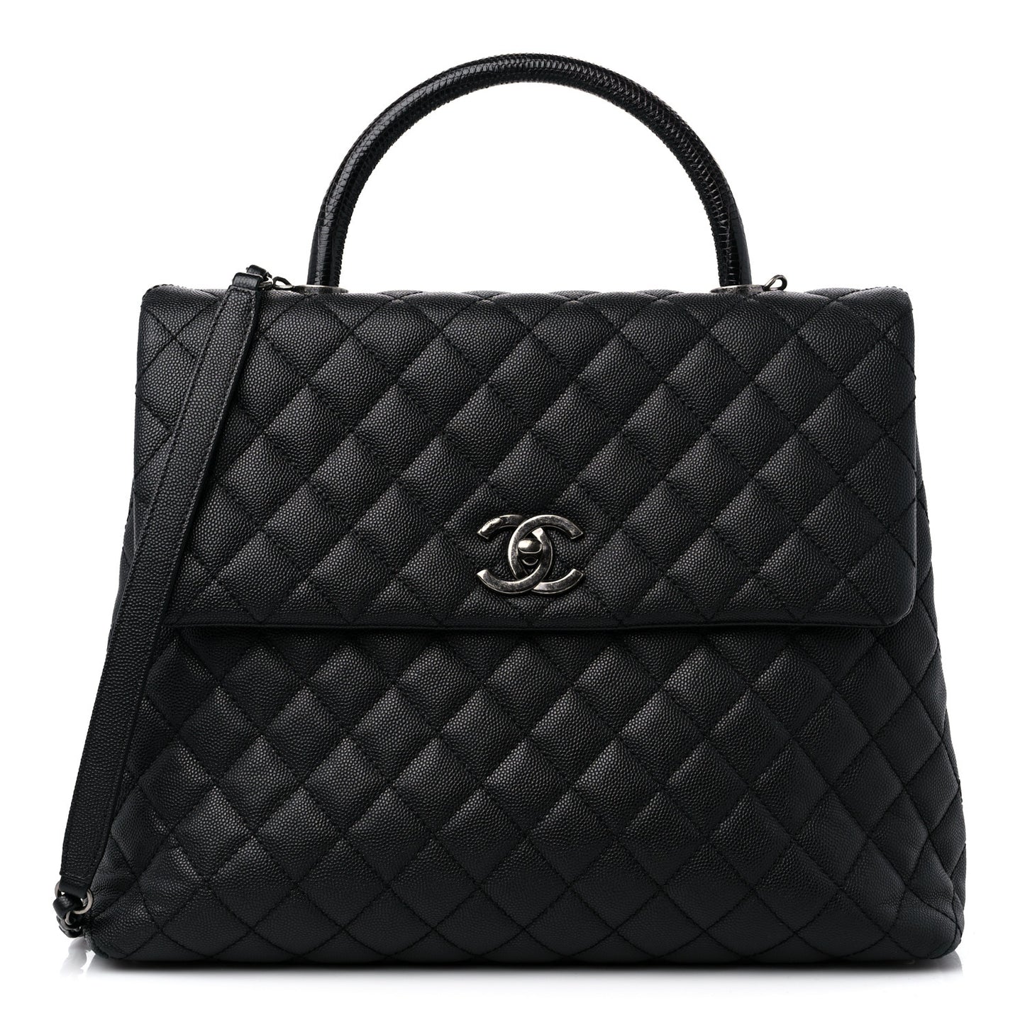 Caviar Lizard Quilted Large Coco Handle Flap Black