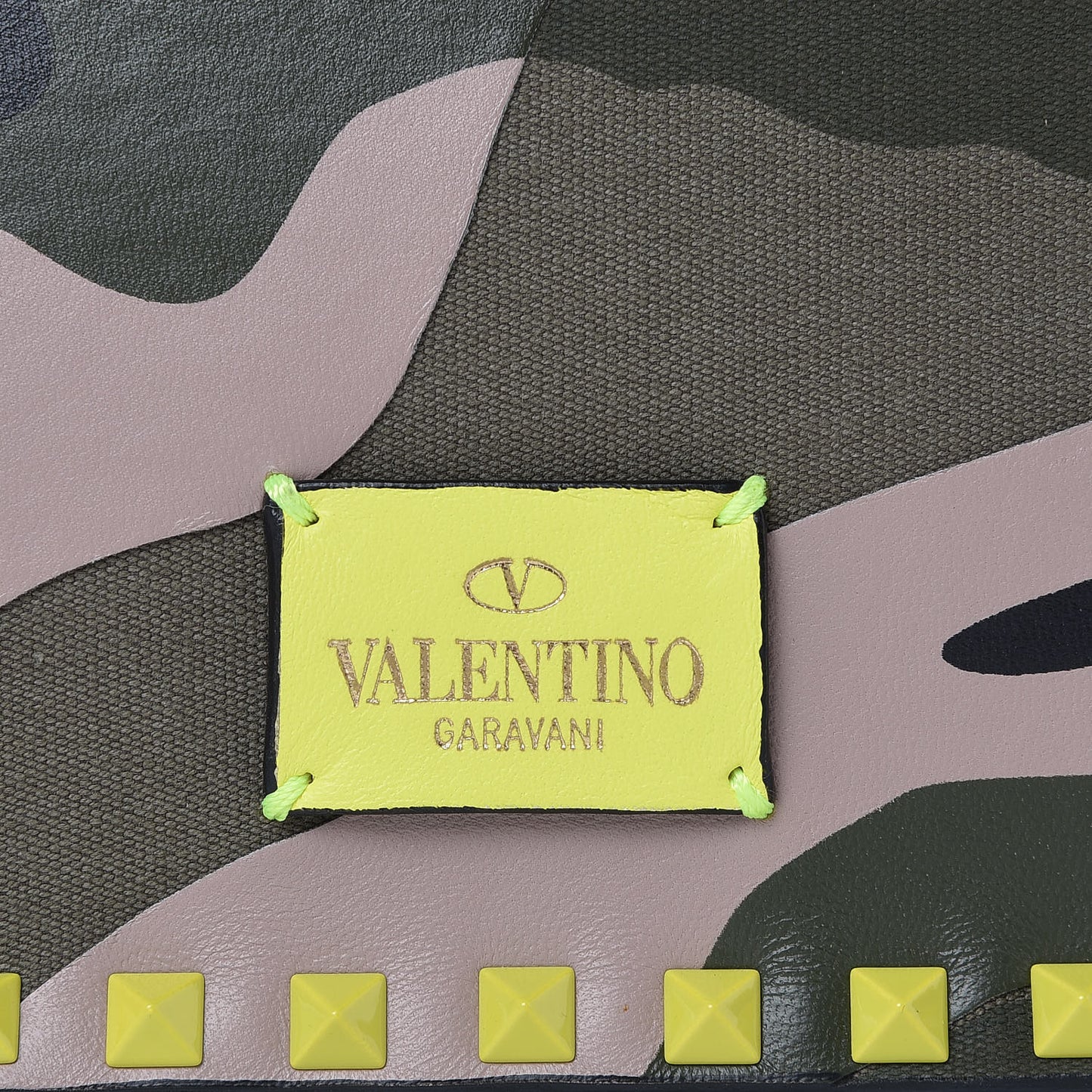 Nappa Canvas Camouflage Rockstud Wristlet Clutch Yellow Fluo Green