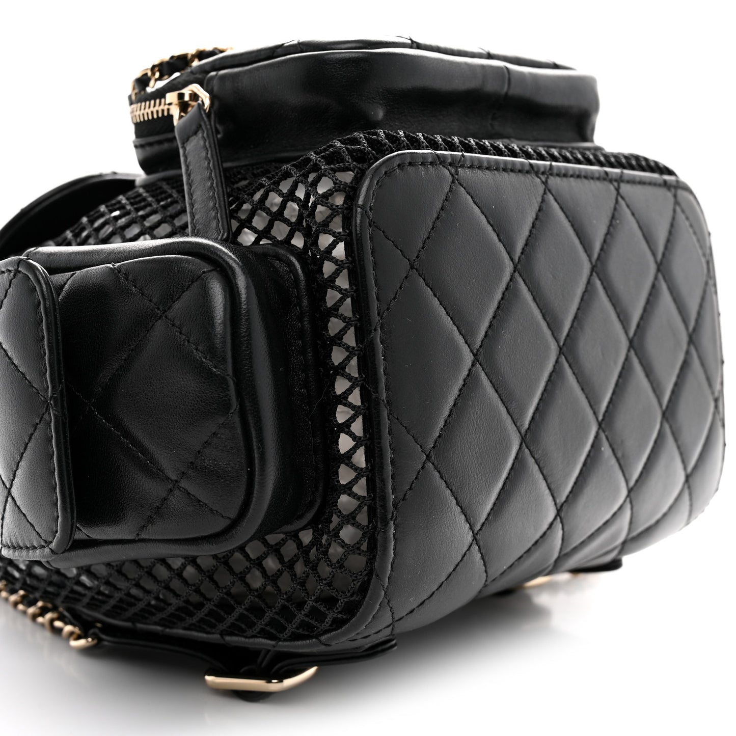 Shiny Lambskin Mesh Quilted Small Cargo Duma Drawstring Backpack Black