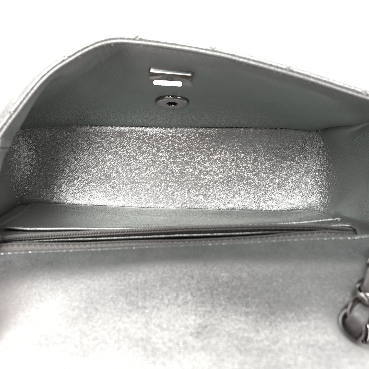 Metallic Lambskin Quilted Mini Rectangular Flap Silver