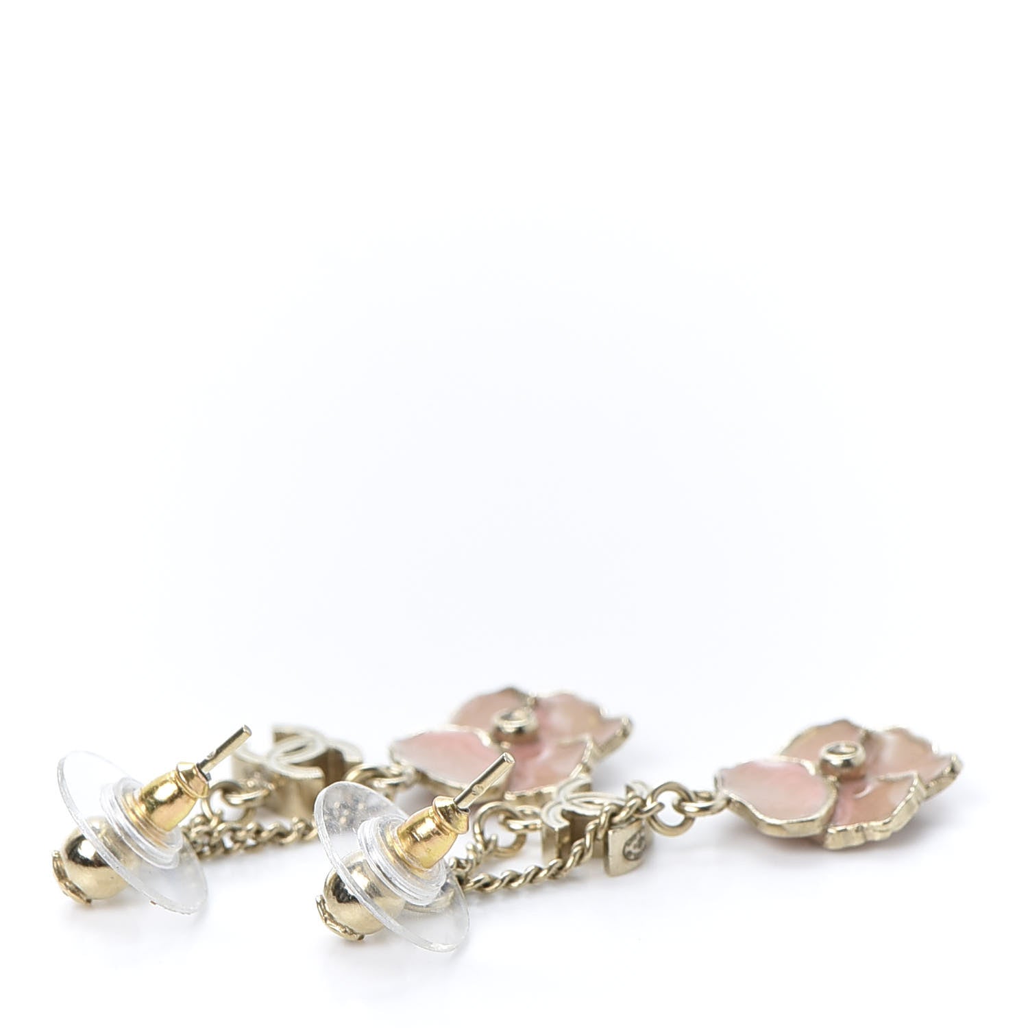 Chanel Enamel Crystal CC Camellia Drop Earrings Pink Gold 3 of 3