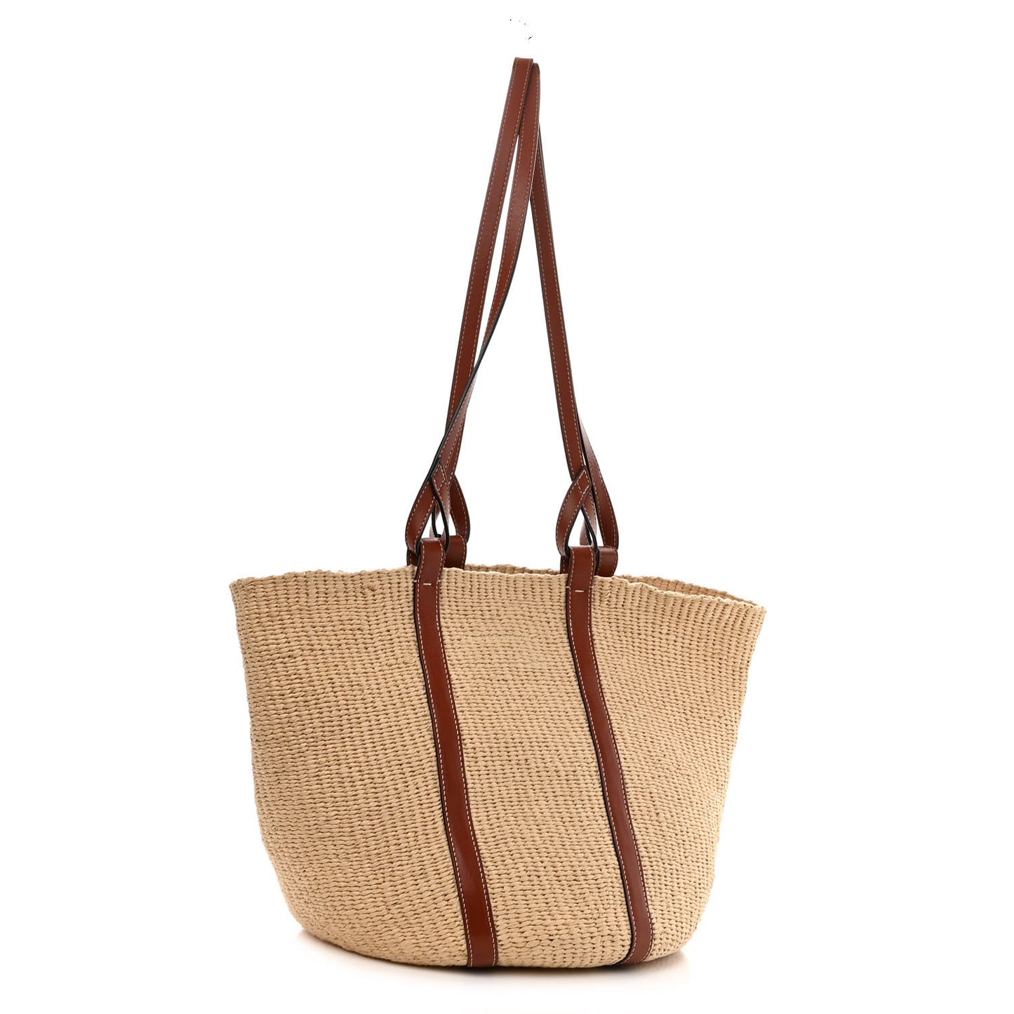 Raffia Calfskin Large Basket Tote Tan