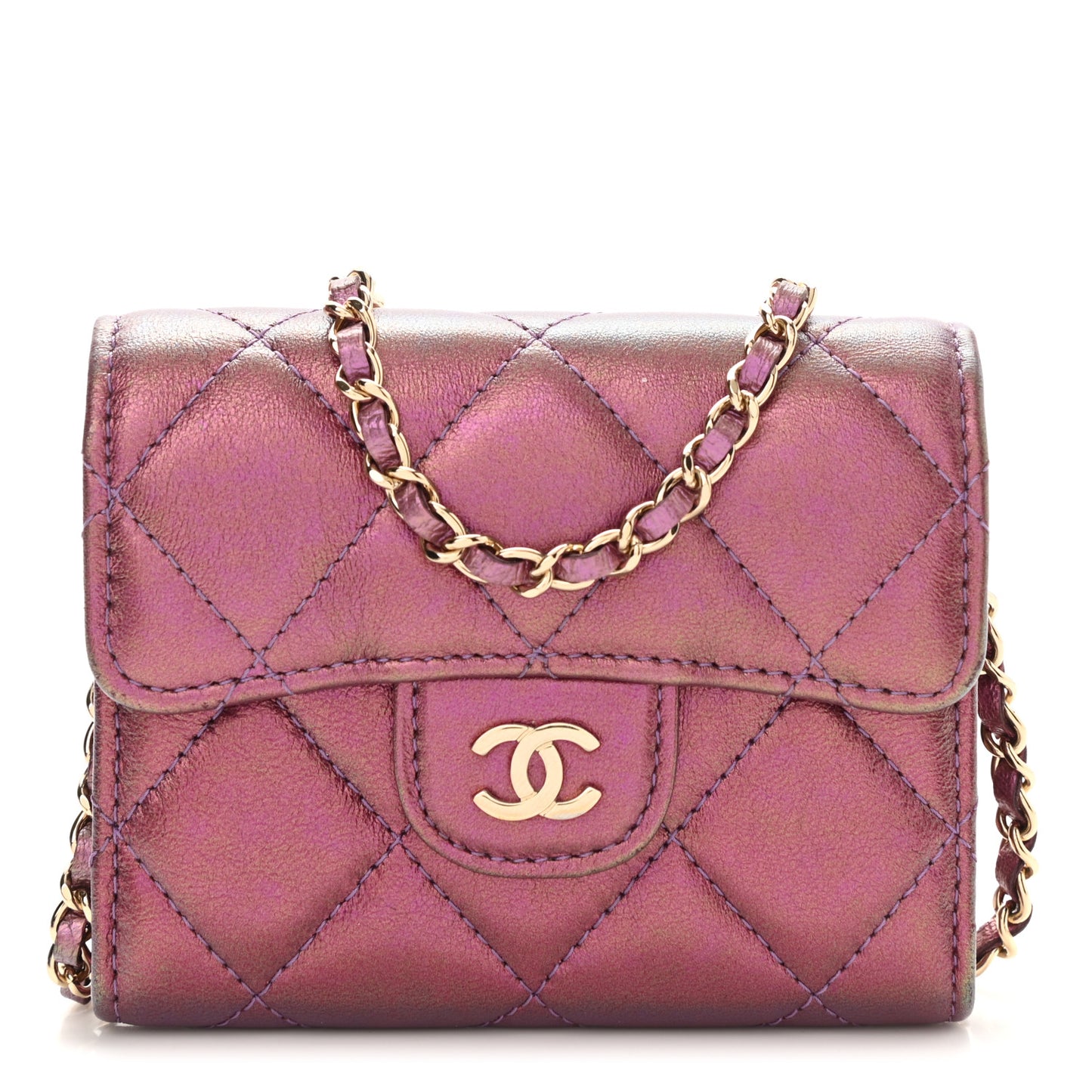 Iridescent Lambskin Quilted Flap Card Holder On Chain Purple