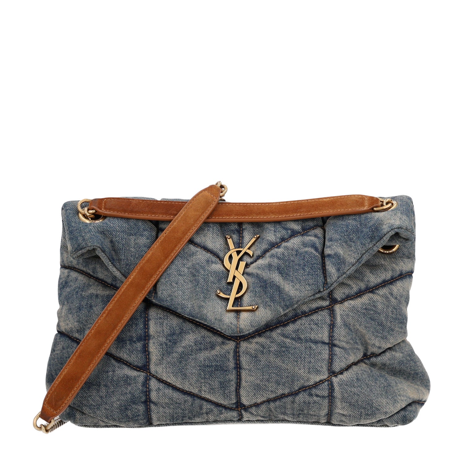Saint Laurent Denim Quilted Small Loulou Puffer Monogram Chain Satchel Blue Cinnamon 1 of 10