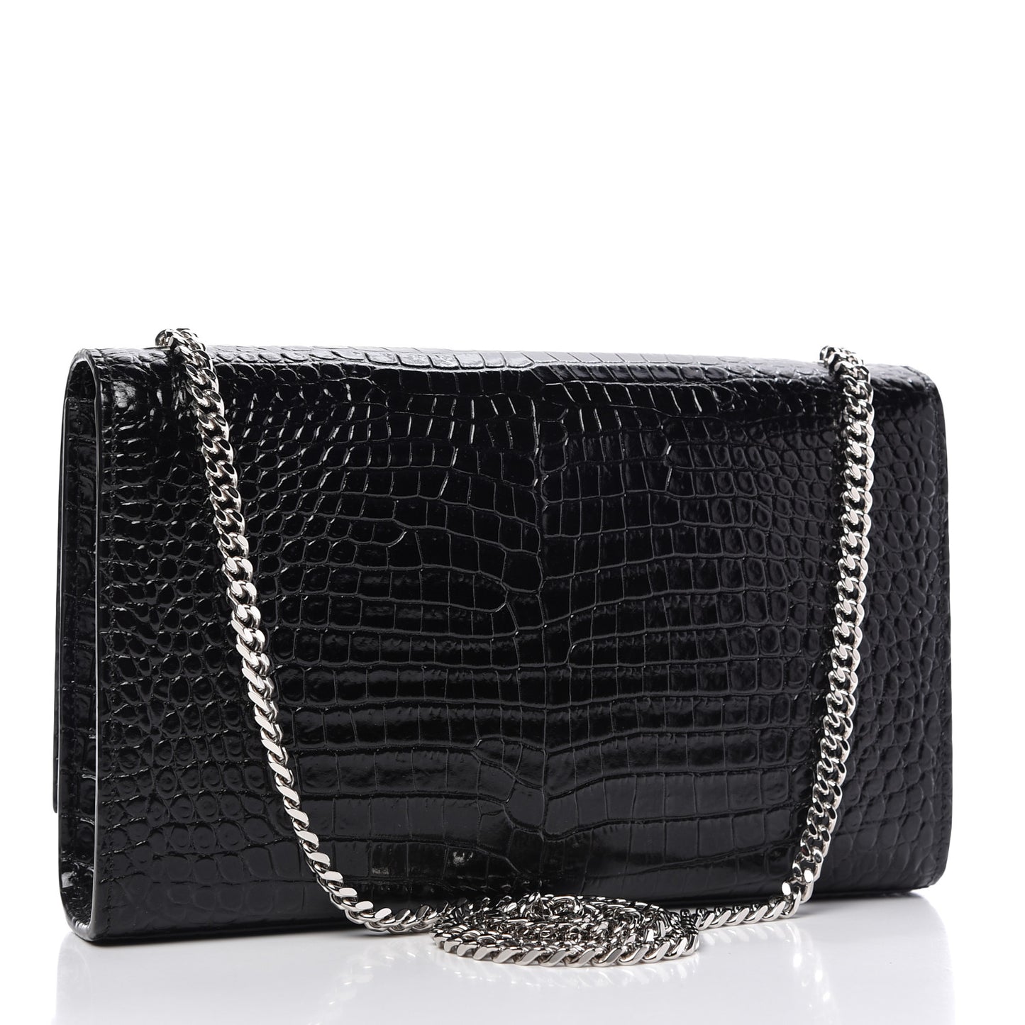 Calfskin Crocodile Embossed Medium Classic Monogram Kate Tassel Satchel Black