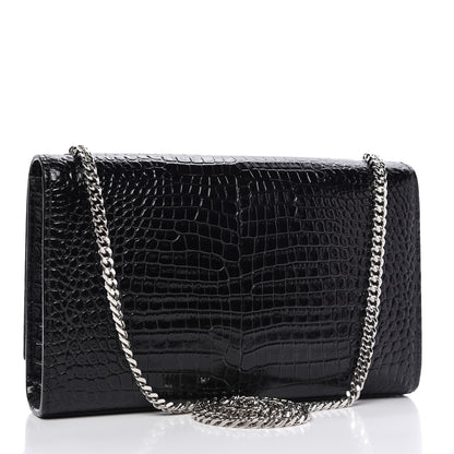 Saint Laurent Calfskin Crocodile Embossed Medium Classic Monogram Kate Tassel Satchel Black 3 of 9