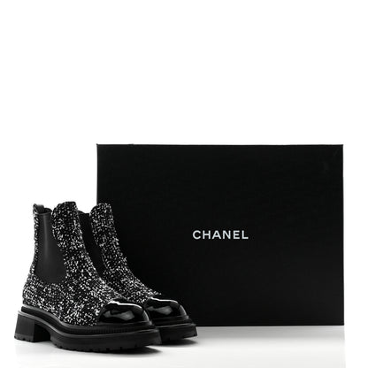 Chanel Tweed Patent Cap Toe Quilted Short Boots 39 Black White 9 of 9