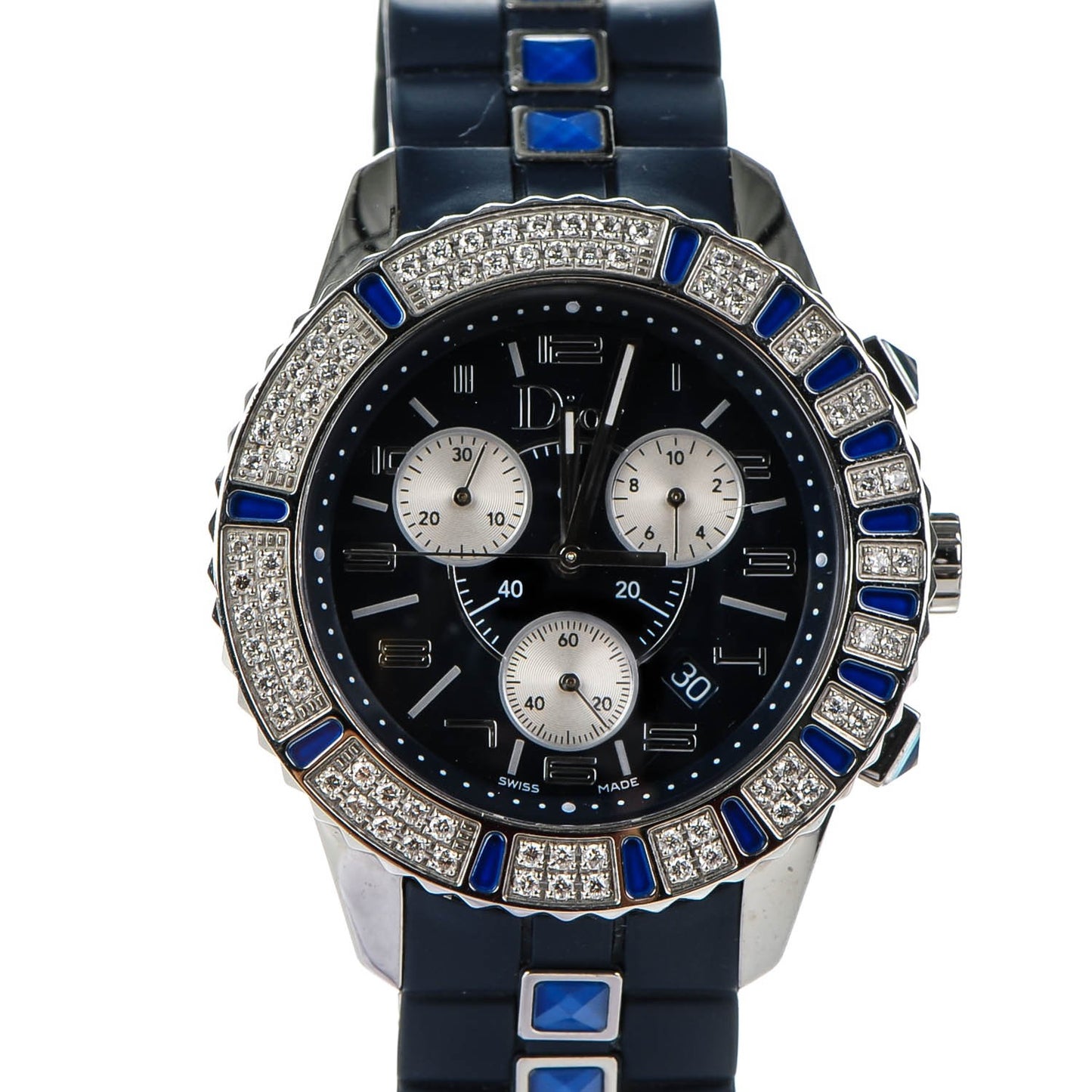 Stainless Steel Rubber Diamond Blue Sapphire 38mm Christal Chronograph Quartz Watch Blue