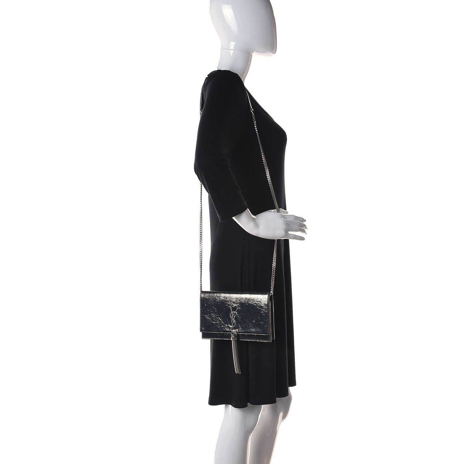 Saint Laurent Metallic Crackled Calfskin Kate Monogram Tassel Chain Wallet Argento 2 of 13