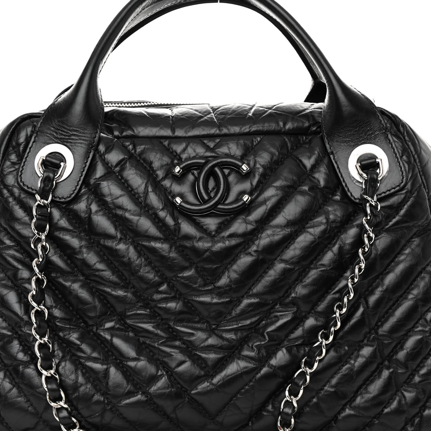 Aged Calfskin Chevron Medium Soft Bowling Bag Black