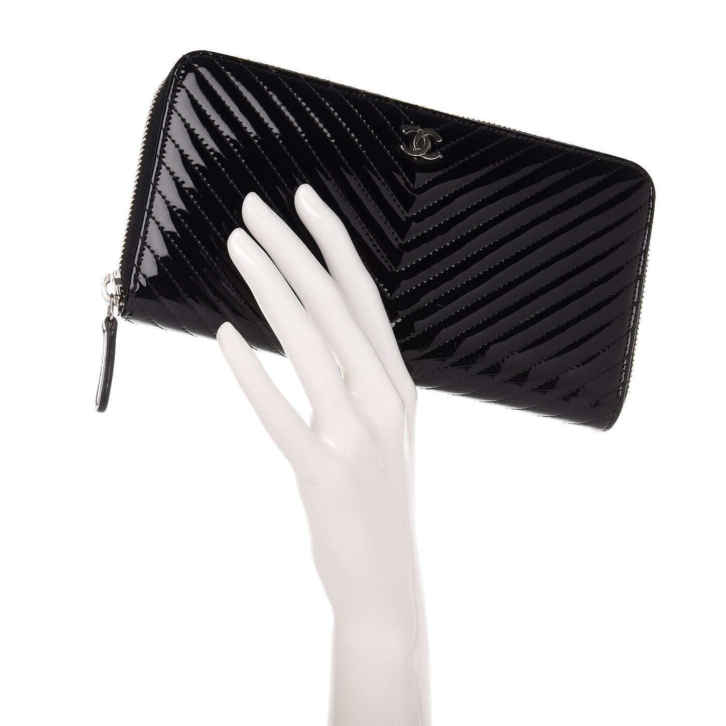 Patent Chevron Zip Around Wallet Black