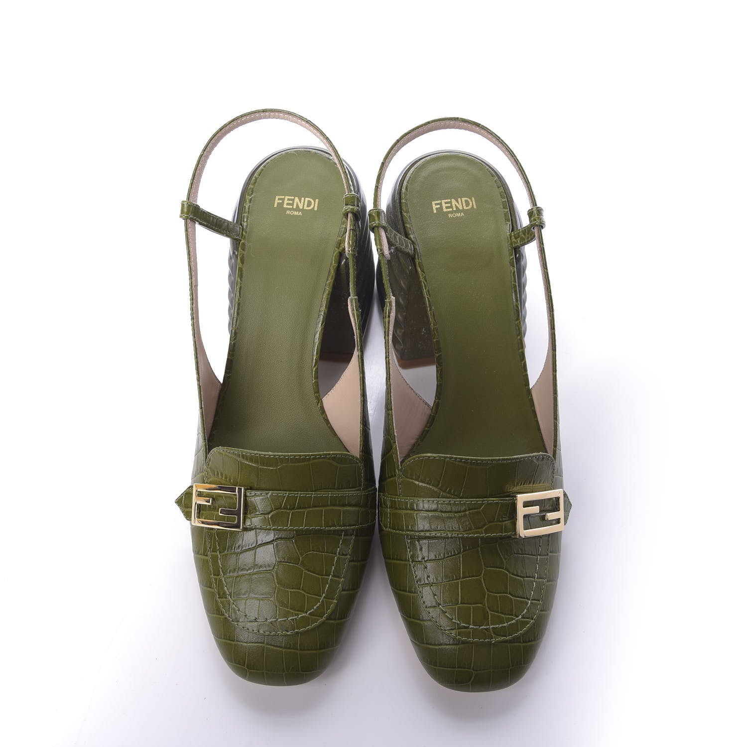 Fendi Calfskin Crocodile Embossed Promenade Slingback Loafer Pumps 38.5 Military Green 6 of 12