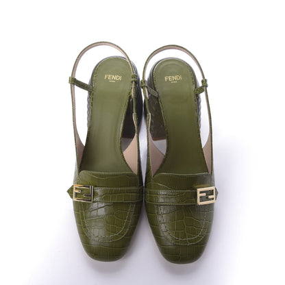 Fendi Calfskin Crocodile Embossed Promenade Slingback Loafer Pumps 38.5 Military Green 6 of 12