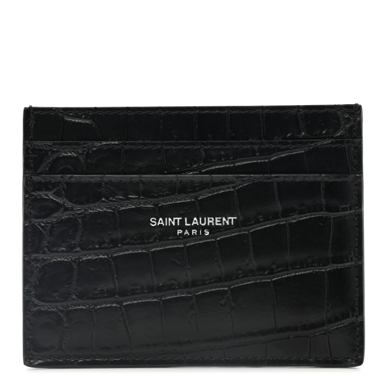 Saint Laurent Calfskin Crocodile Embossed Card Case Black 1 of 9