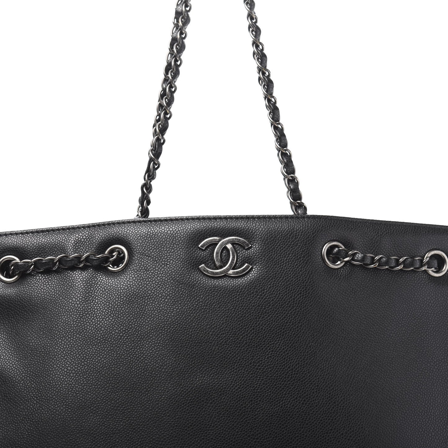 Metallic Grained Calfskin Woven Chain Large Shopping Bag Black
