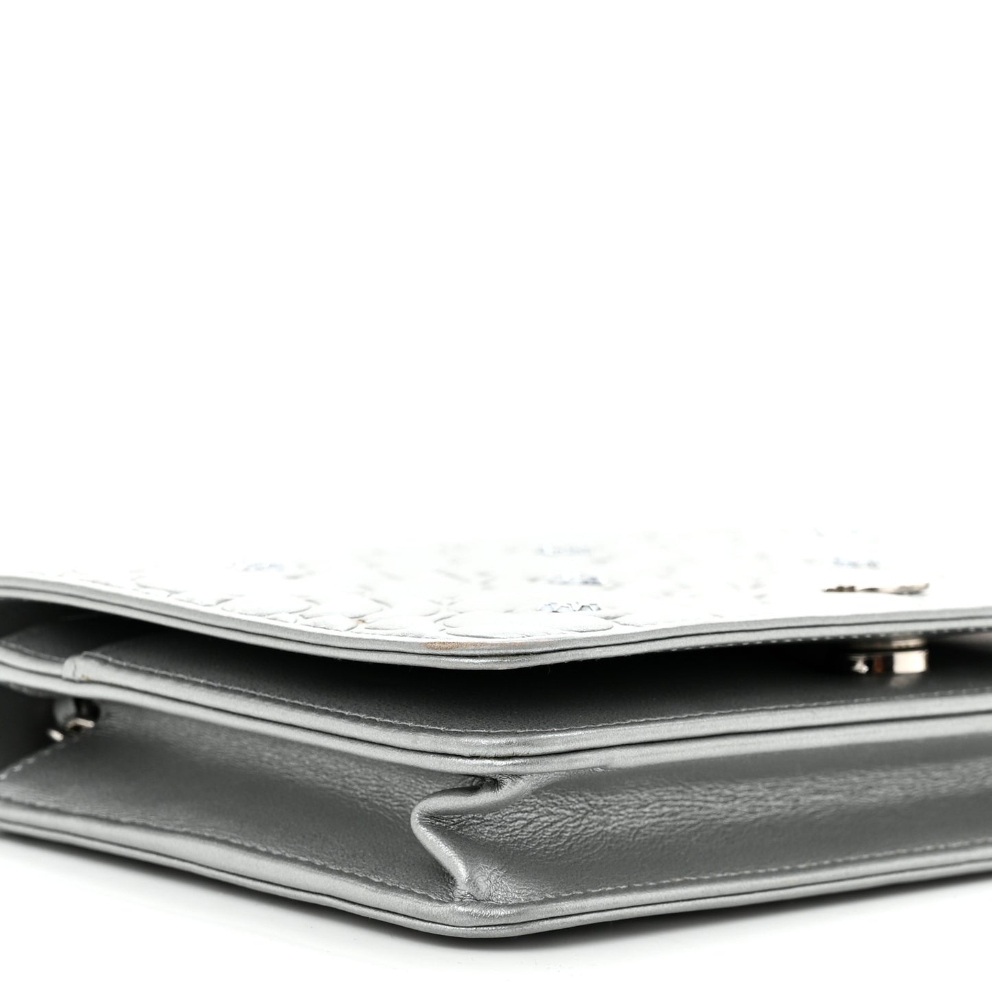 Metallic Lambskin Camellia Crystal Wallet on Chain WOC Silver