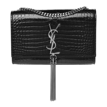 Saint Laurent Calfskin Crocodile Embossed Small Classic Monogram Kate Tassel Satchel Black 1 of 9