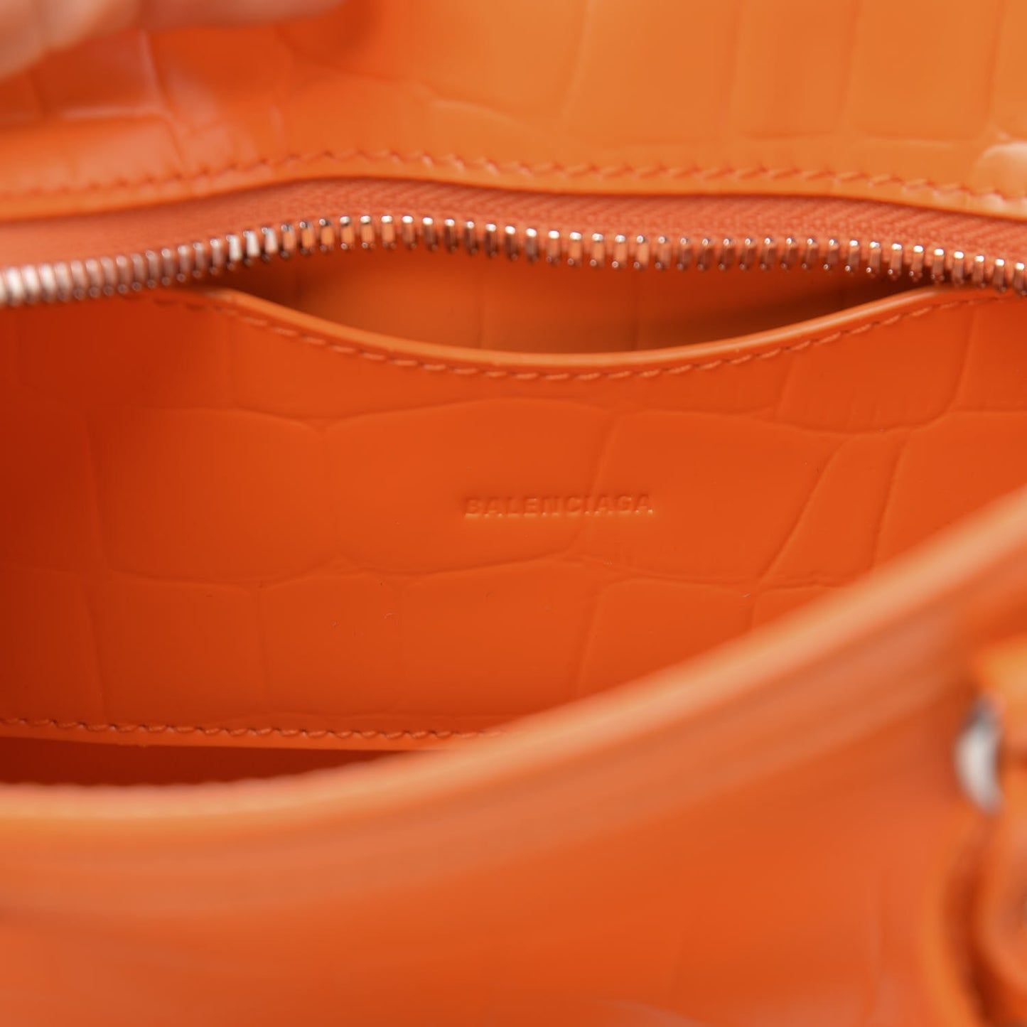 Semi Shiny Calfskin Crocodile Embossed Neo Classic Silver Hardware Mini City Orange