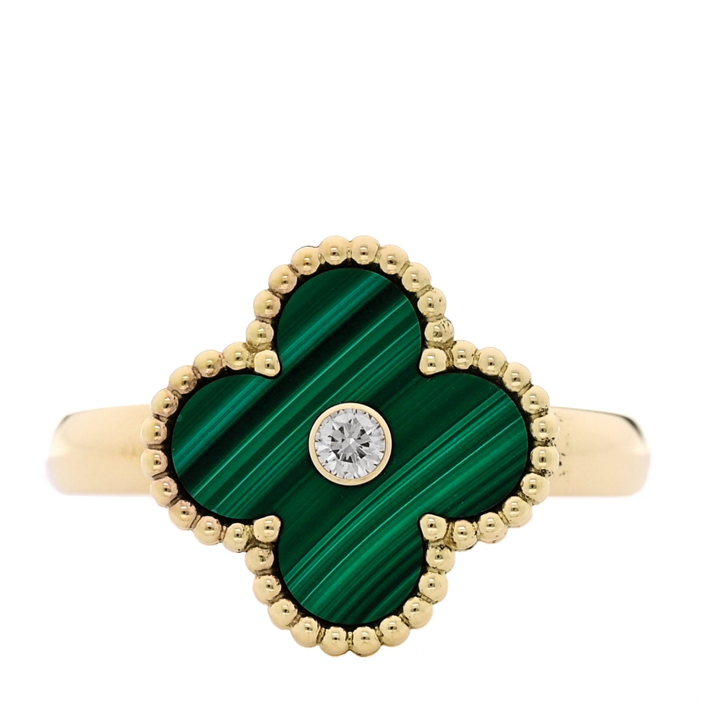 18K Yellow Gold Diamond Malachite Vintage Alhambra Ring 57 8