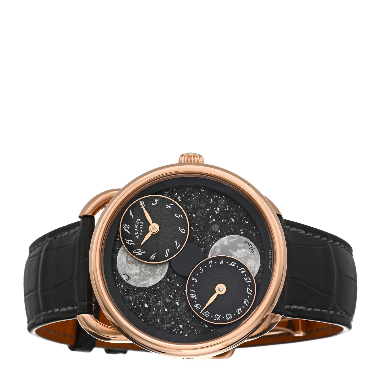 18K Rose Gold Alligator Mother of Pearl Meteorite 43mm Arceau De La Lune Moon Phase Automatic Watch Graphite