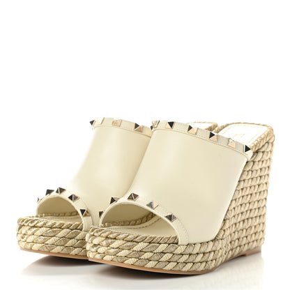 Valentino Garavani Calfskin Silk Rockstud Torchon Espadrille Wedge 25/115mm Slide Sandals 38 Light Ivory 3 of 9