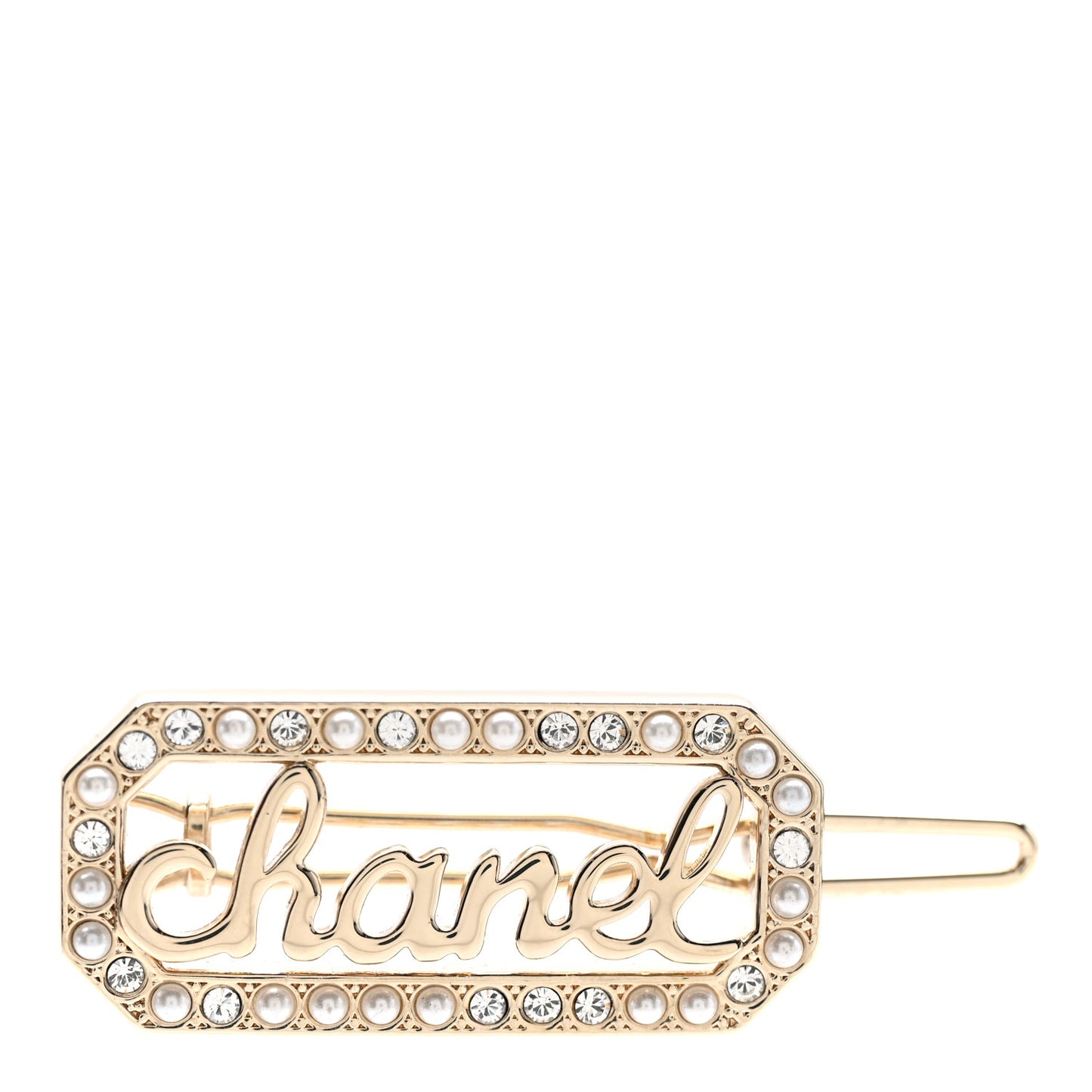 Metal Crystal Pearl Logo Hair Clip Gold