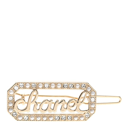 Chanel Metal Crystal Pearl Logo Hair Clip Gold 1 of 4