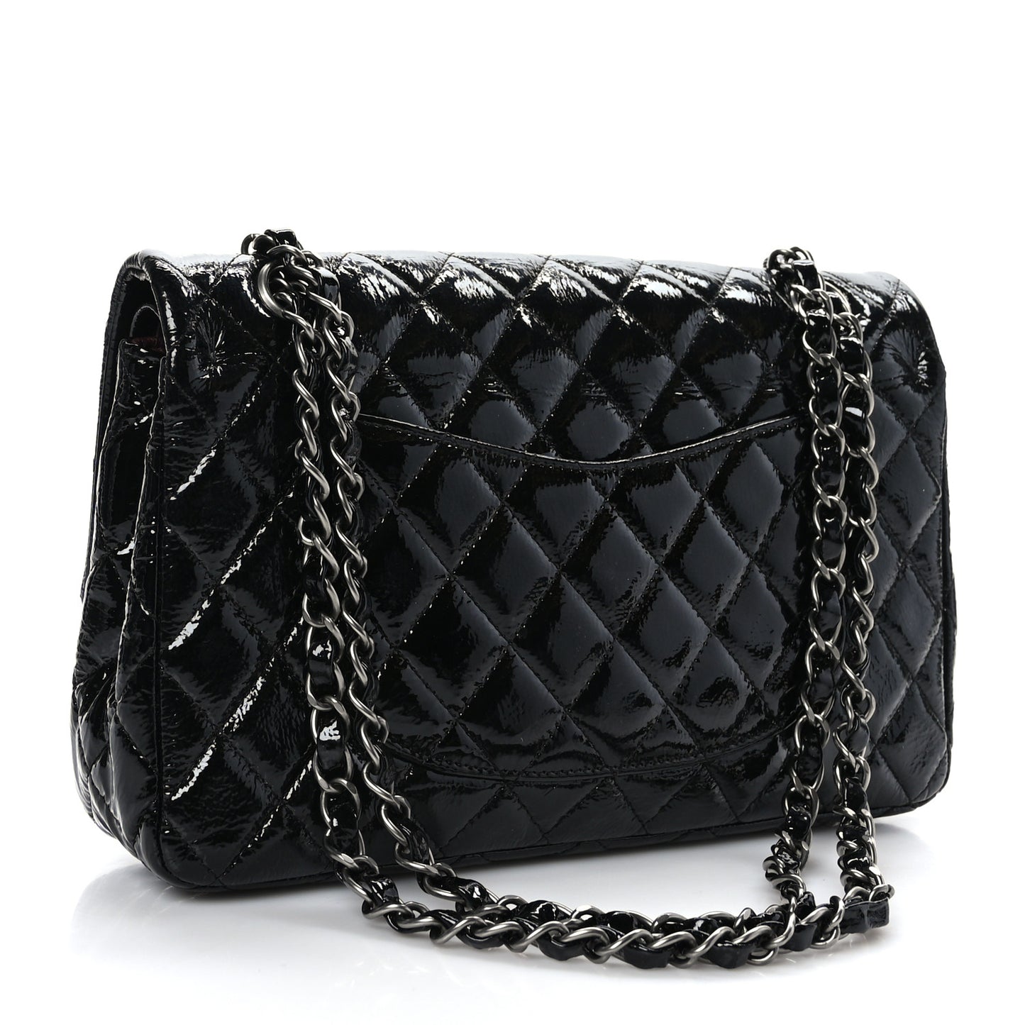 Crumpled Patent Quilted Medium Double Flap Black