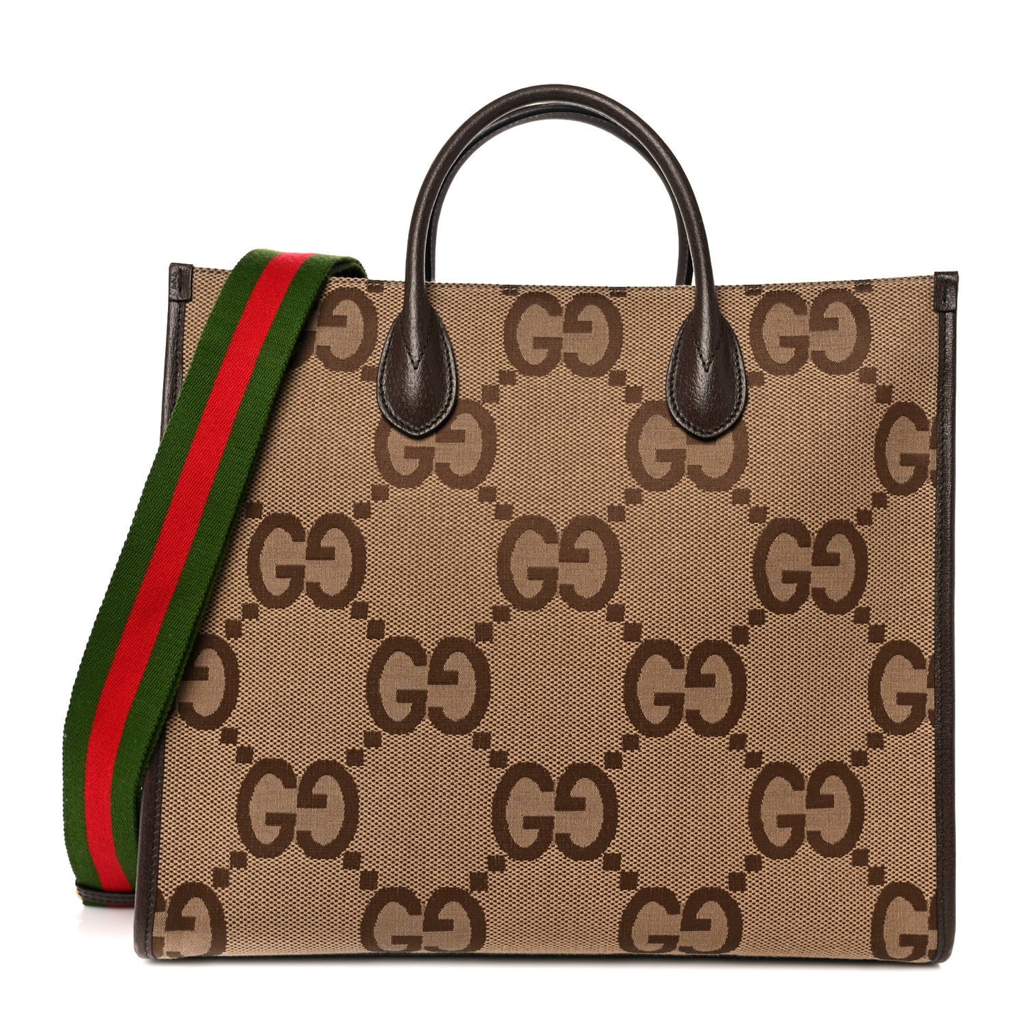 Monogram Jumbo GG Textured Dollar Calfskin Web Tote Bag Camel Ebony New Acero